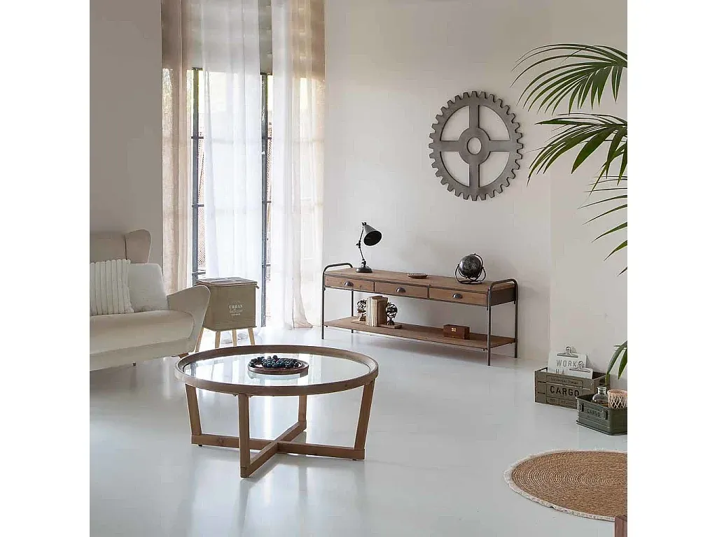 Runder Holz-Glas Couchtisch in Braun