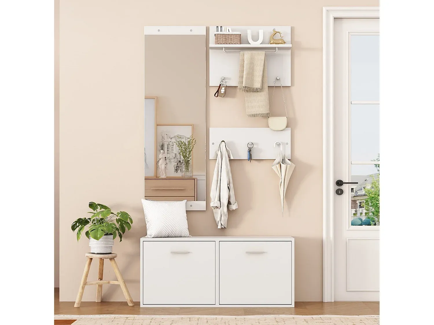 4-teiliges Garderoben-Set mit Spiegel, Hutablagen und Schuhschrank