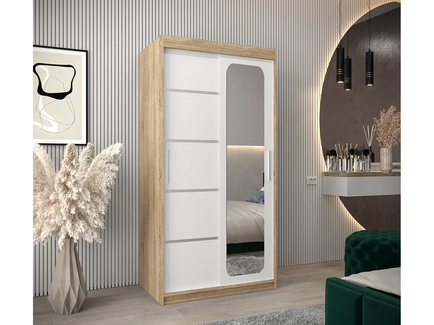 Großer Kleiderschrank mit Schwebetüren, zweifarbig