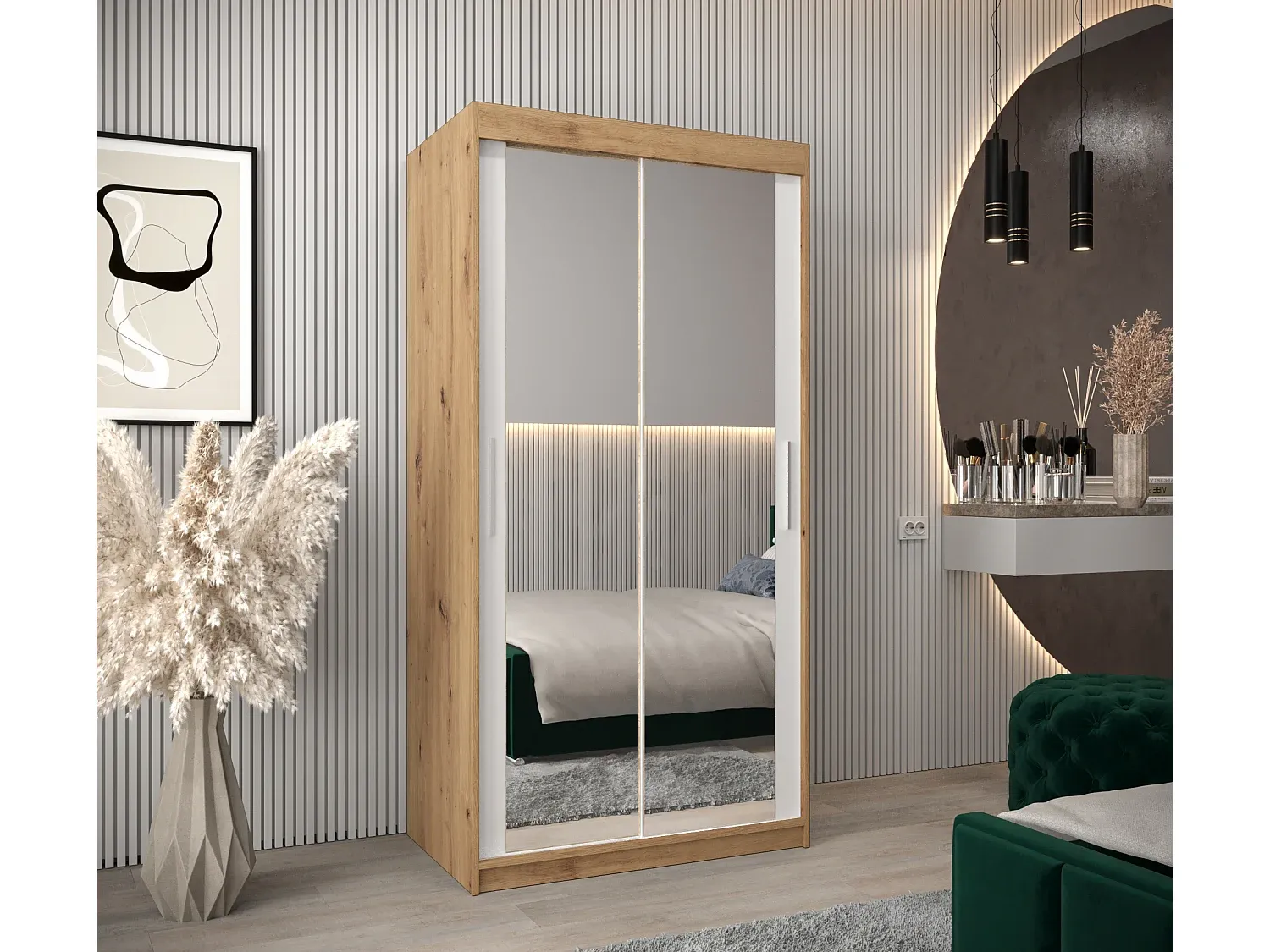 Moderner Kleiderschrank mit Schiebetüren, 2-türig, Holzoptik/Weiß