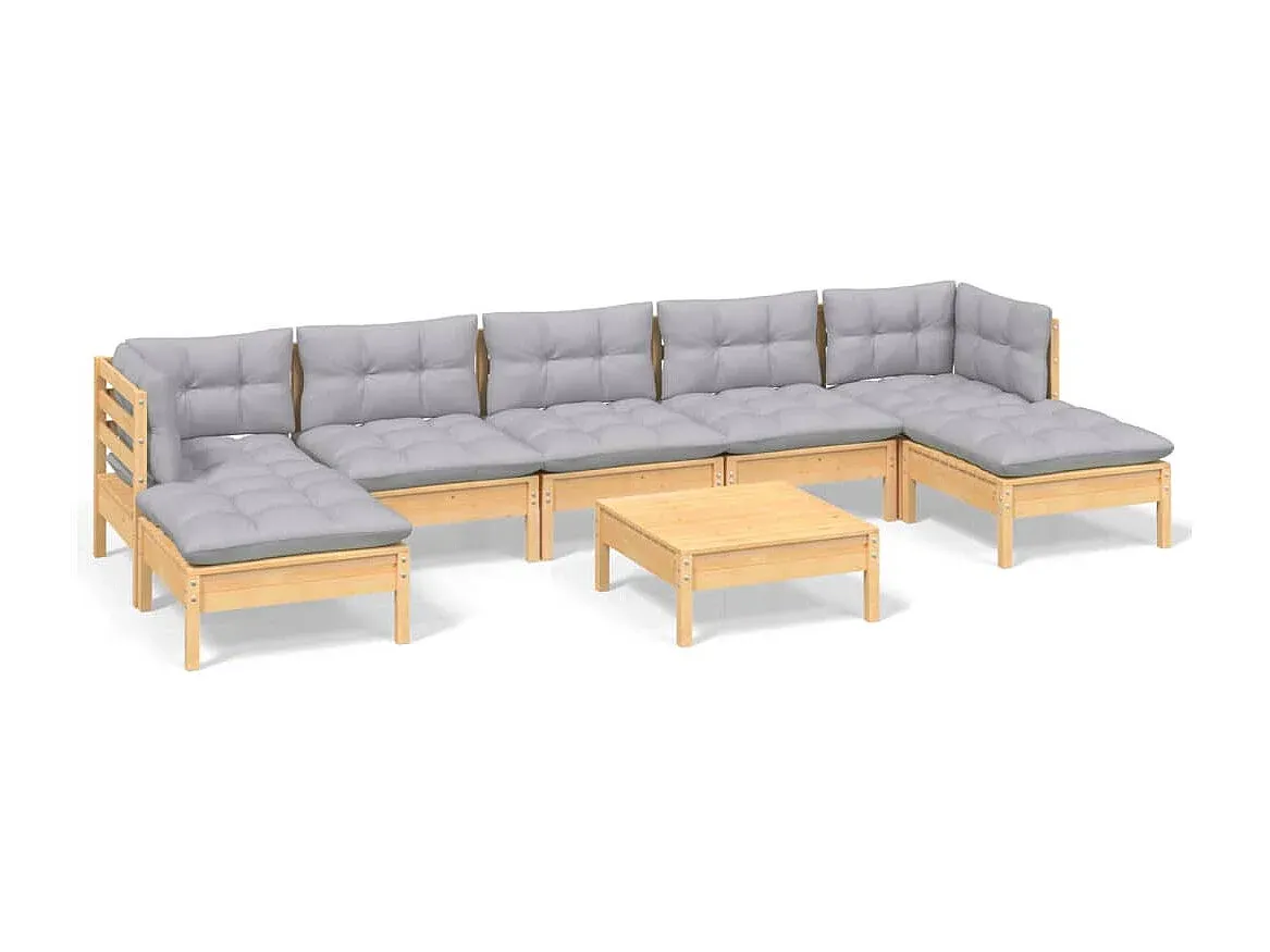 8-teiliges Gartenmöbel-Set mit grauen Kissen aus Kiefernholz