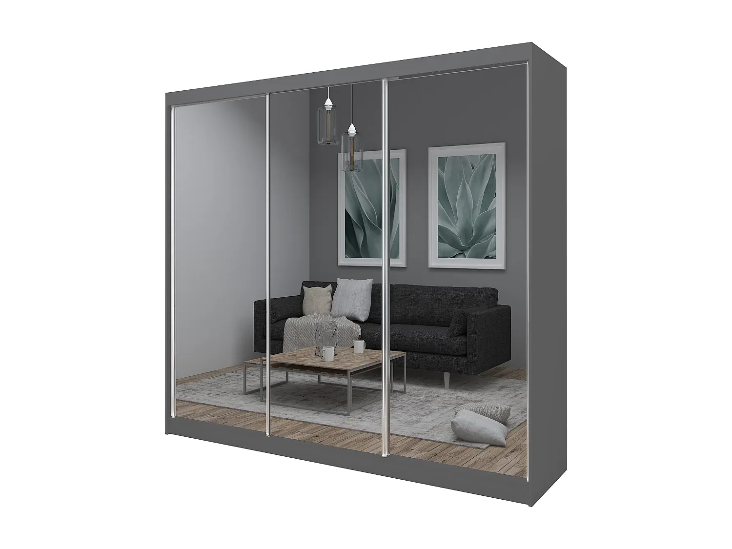 Großer Schwebetürenschrank mit Spiegel und 3 Türen, graphitfarben