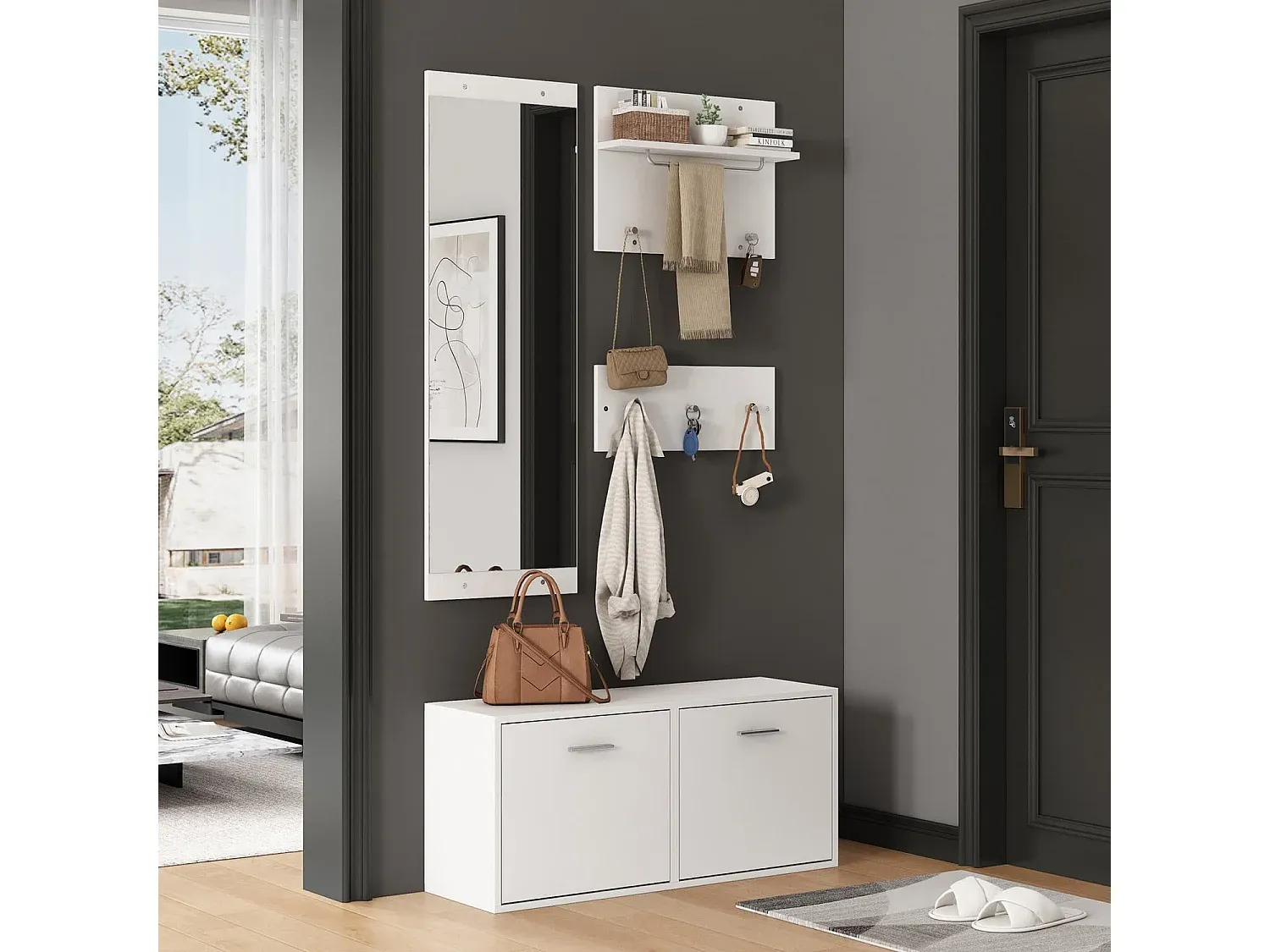 4-teiliges Garderoben-Set mit Spiegel, Hutablagen und Schuhschrank