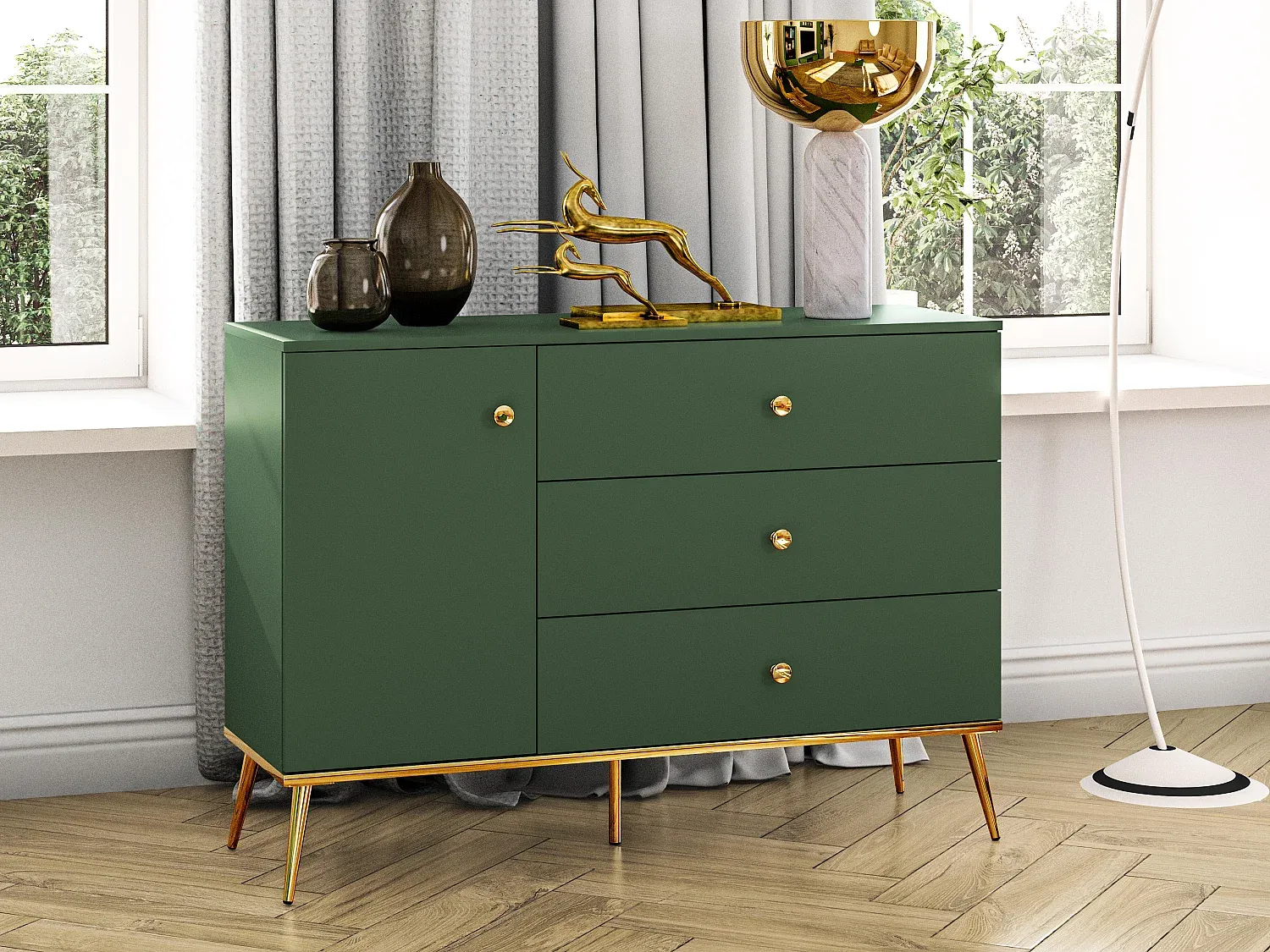 Grünes Sideboard mit 4 Türen, 120x40x85 cm