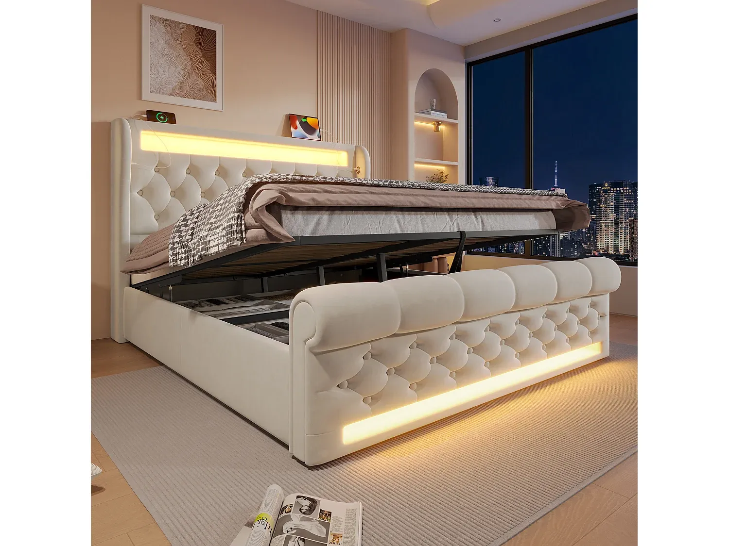 Doppelbett mit Stauraum und LED-Beleuchtung