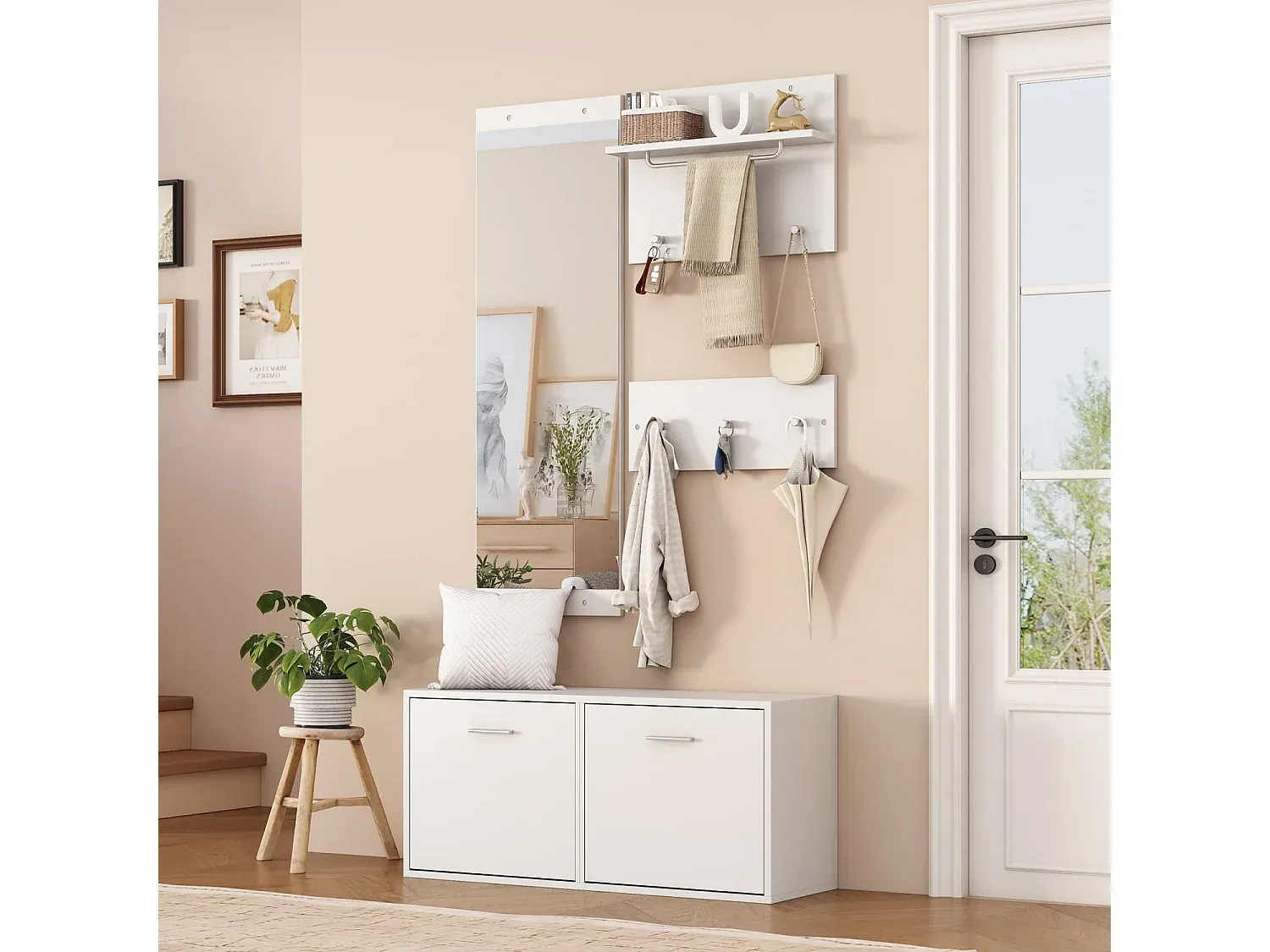 4-teiliges Garderoben-Set mit Spiegel, Hutablagen und Schuhschrank