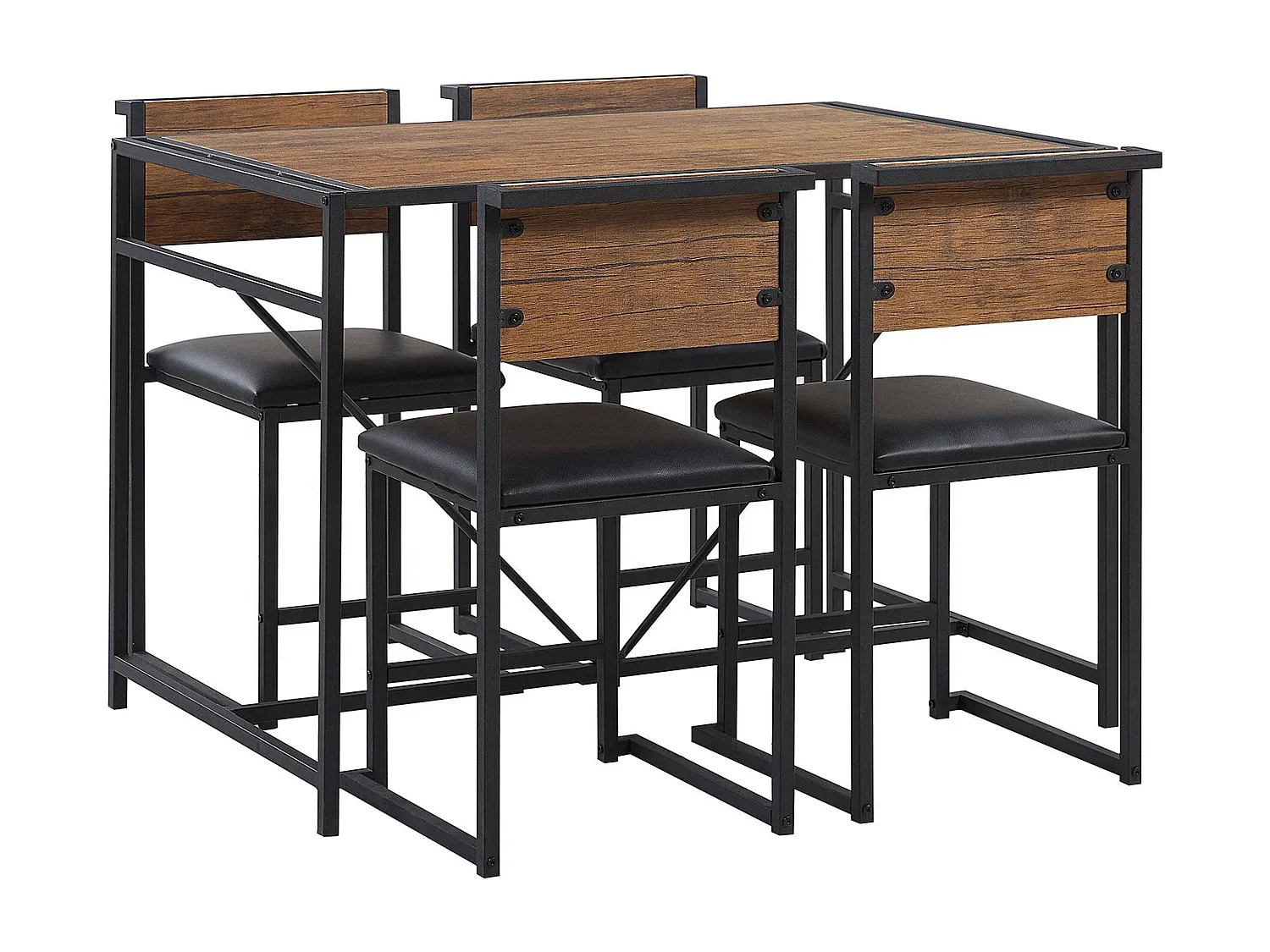 Essgruppe mit dunklem Holzton und schwarzem Stahl für 4 Personen, 110 x 70 cm