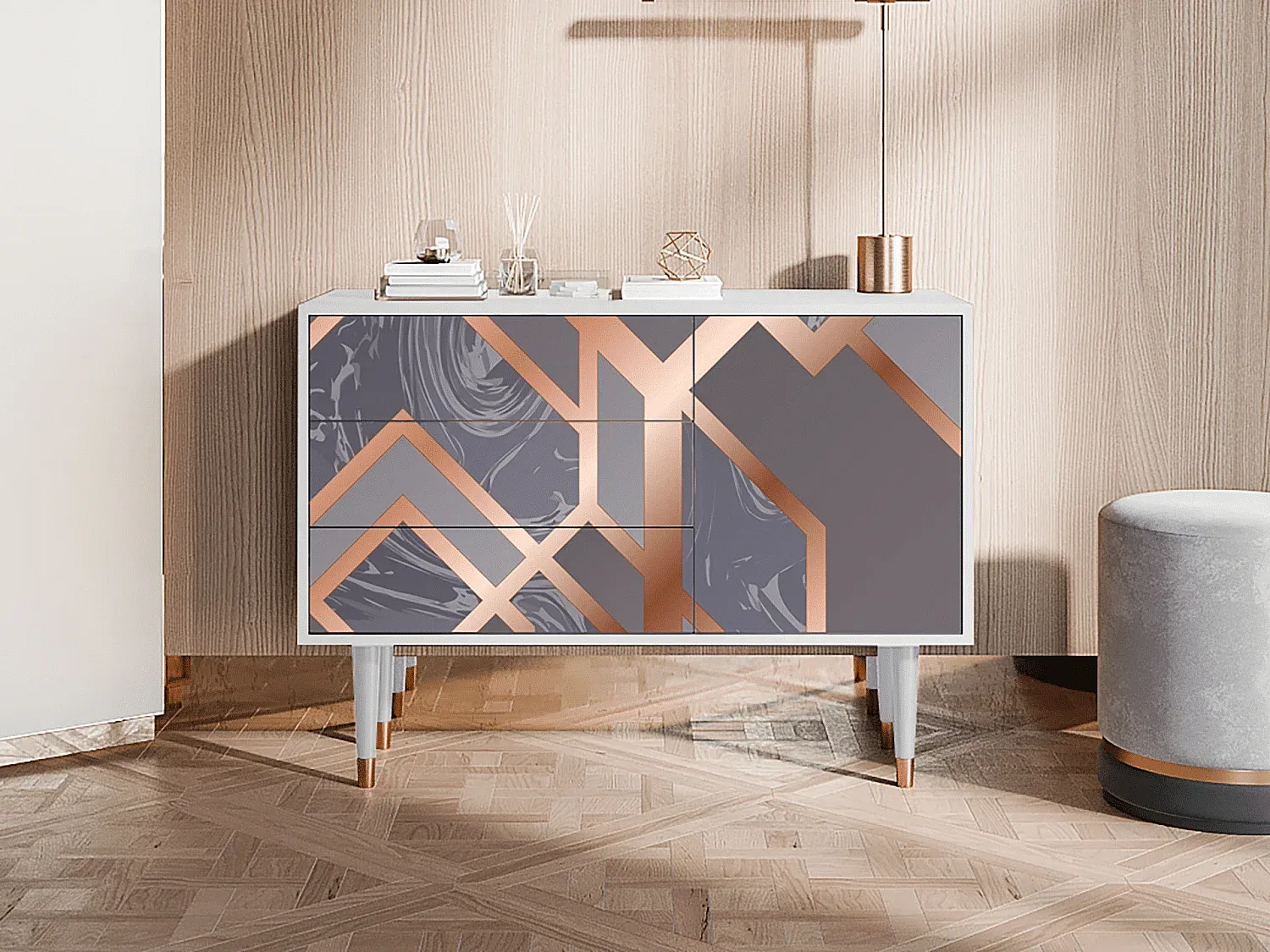Moderner Sideboard in Taupe und Weiß, 115x45x84 cm