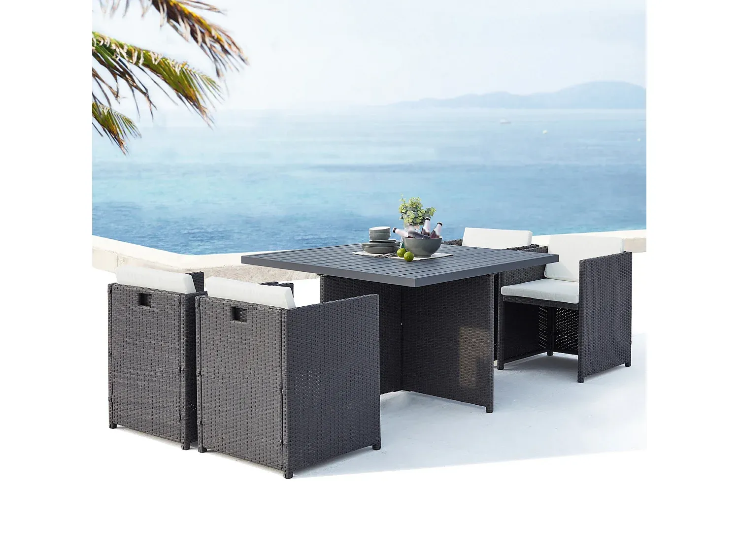 4-Personen Gartenmöbel-Set aus Rattan und Aluminium in Grau/Weiß