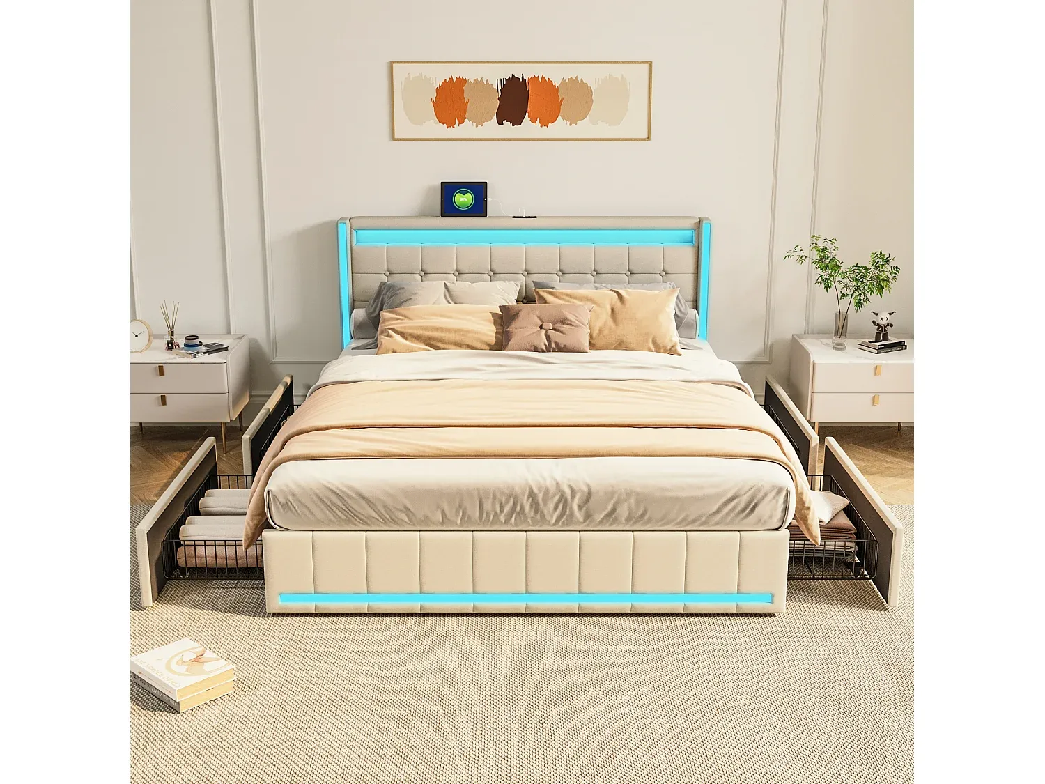 Modernes Stauraumbett mit LED und USB-Anschluss, 4 Schubladen, Beige
