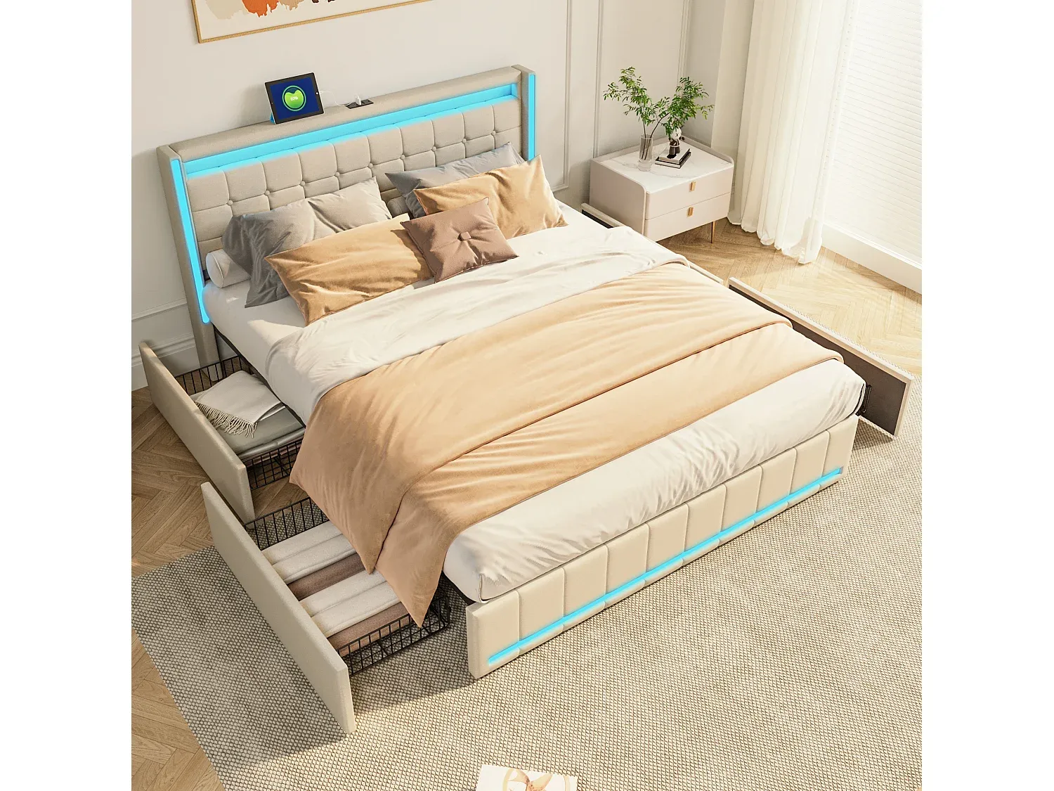 Modernes Stauraumbett mit LED und USB-Anschluss, 4 Schubladen, Beige