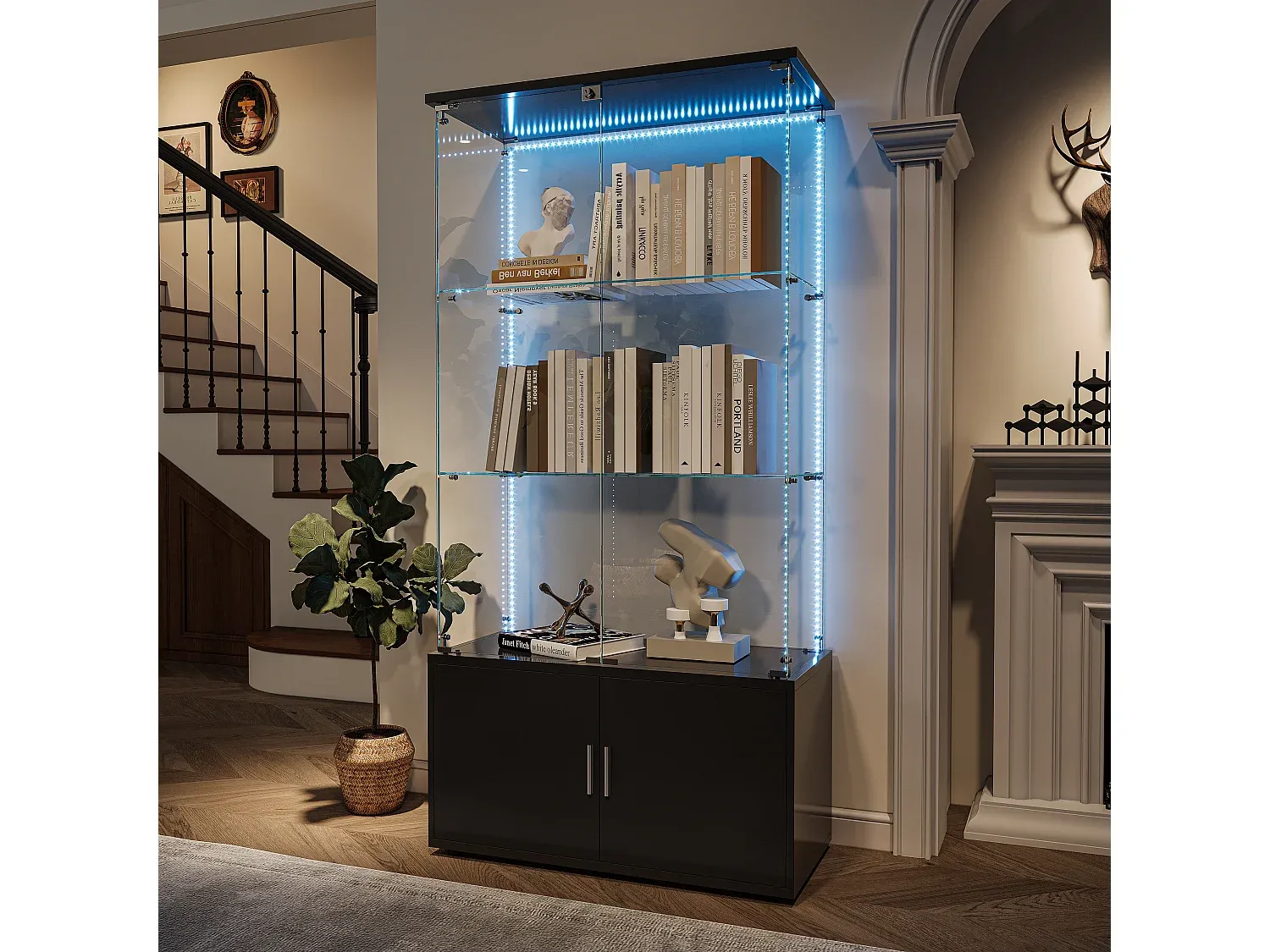 Moderne Glasvitrine mit LED-Beleuchtung und Regalen