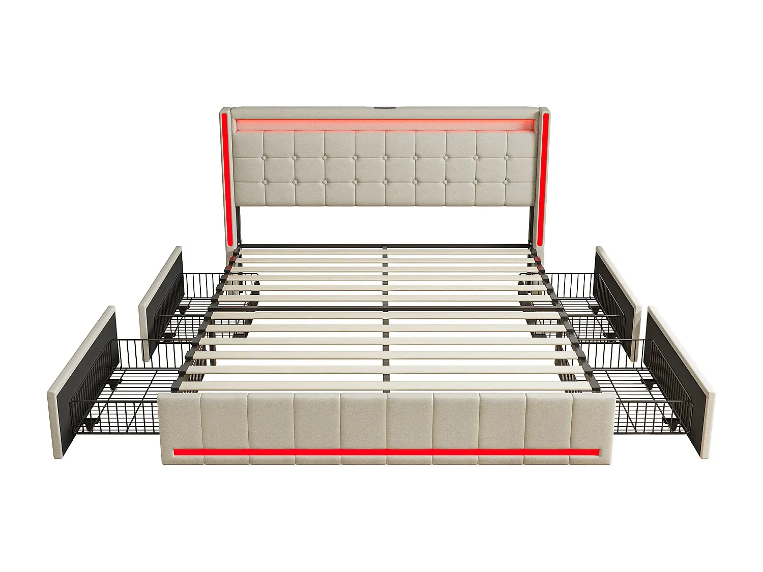 Modernes Stauraumbett mit LED und USB-Anschluss, 4 Schubladen, Beige