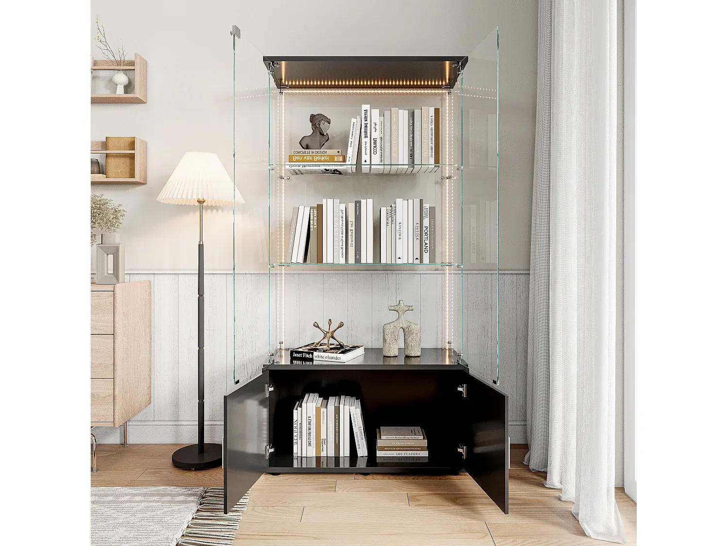 Moderne Glasvitrine mit LED-Beleuchtung und Regalen