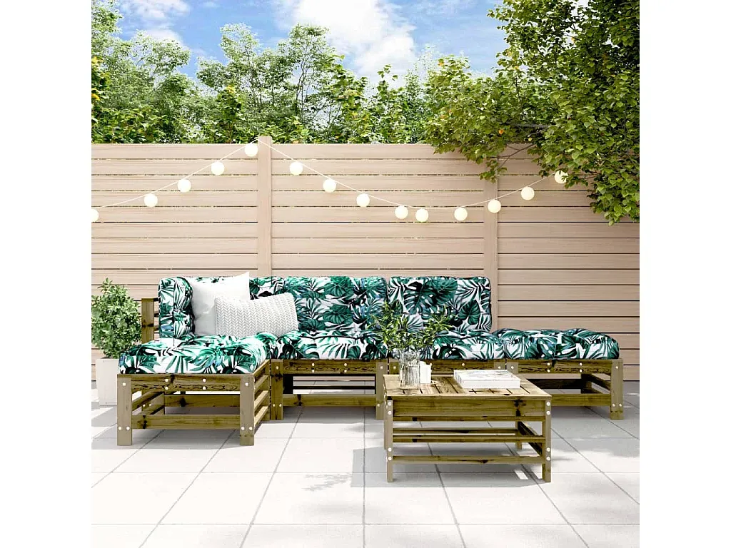 6-teilige Gartensitzgruppe aus Kiefernholz mit Sofa und Tisch