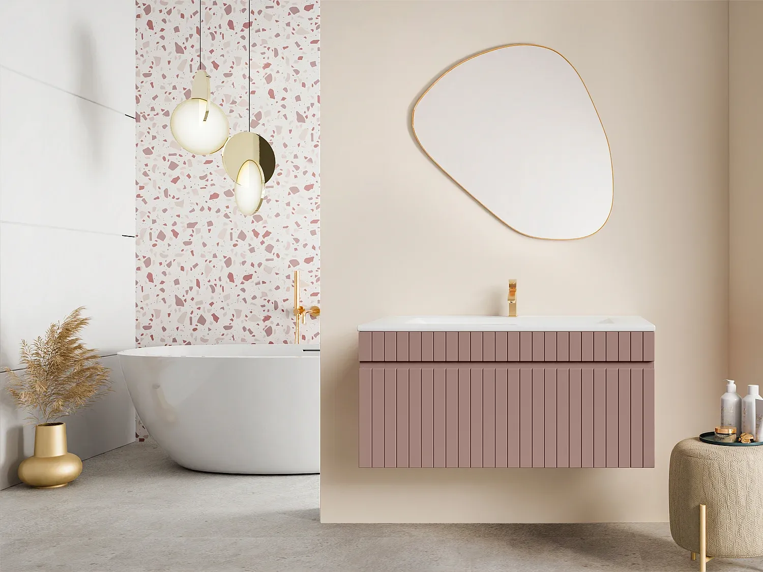 Hängender Waschtischunterschrank mit Waschbecken 100 cm - Rosa