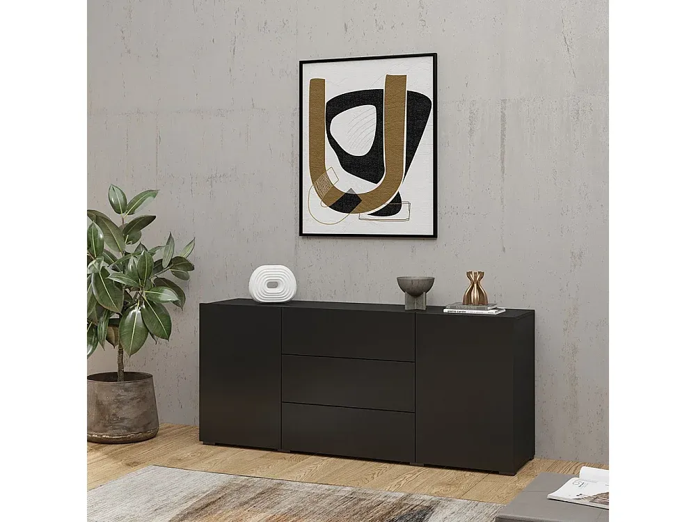 Moderner Sideboard mit 2 Türen und 3 Schubladen, Schwarz und Eiche, 140 cm
