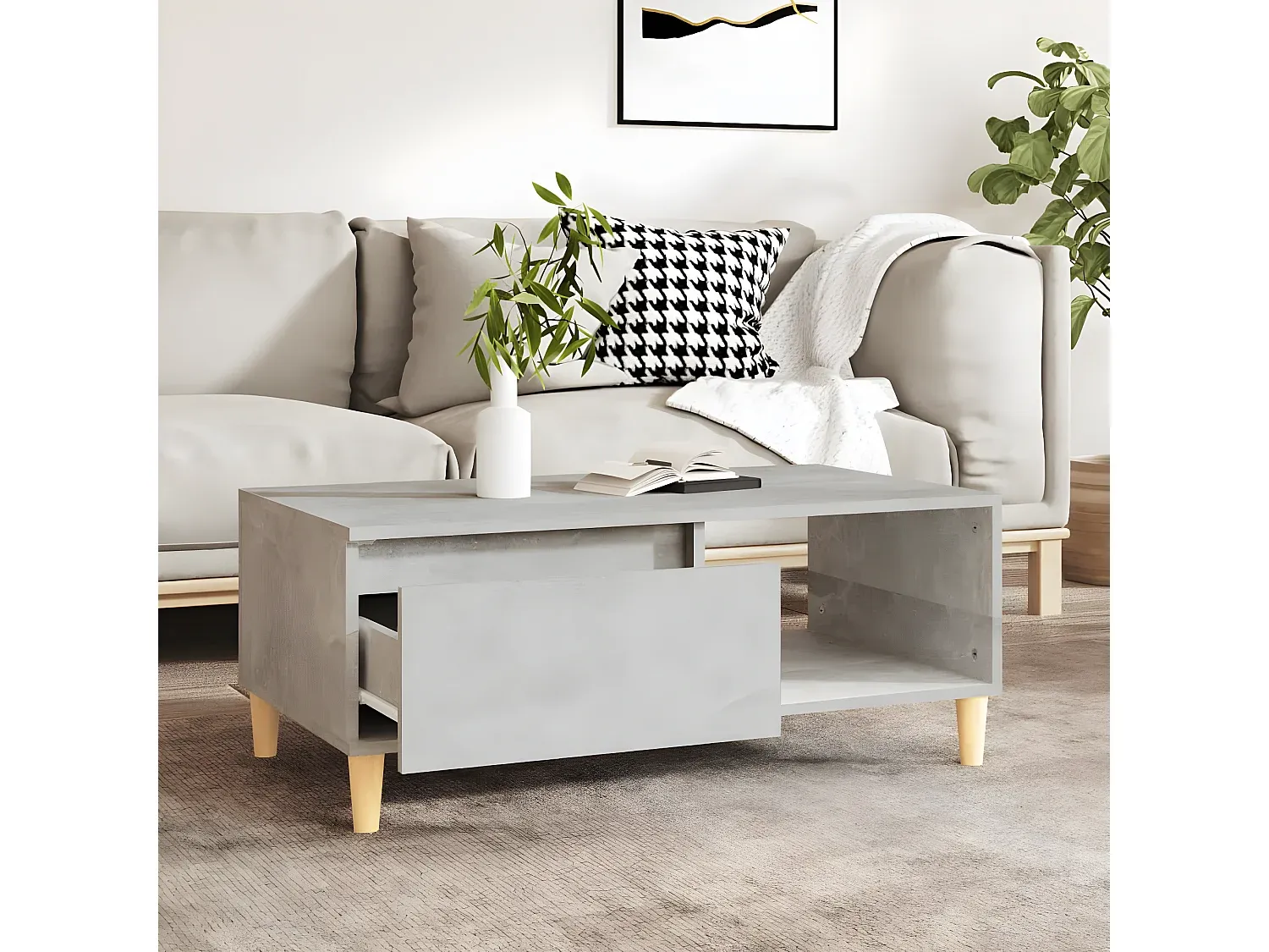 Moderner Couchtisch in Betongrau aus Holzwerkstoff