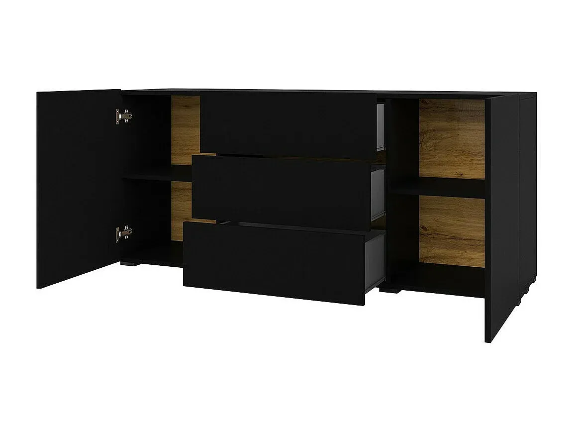 Moderner Sideboard mit 2 Türen und 3 Schubladen, Schwarz und Eiche, 140 cm
