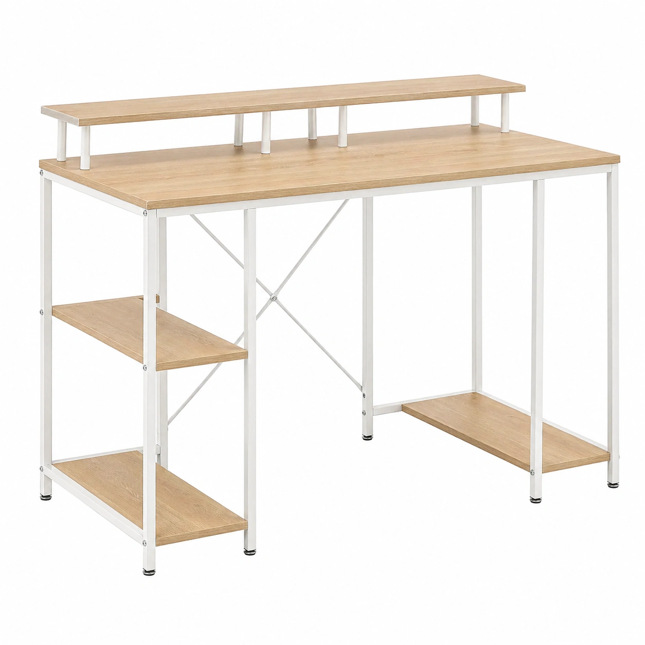 Escritorio gaming con estantes laterales y repisa superior estilo moderno en madera clara-cartkivo