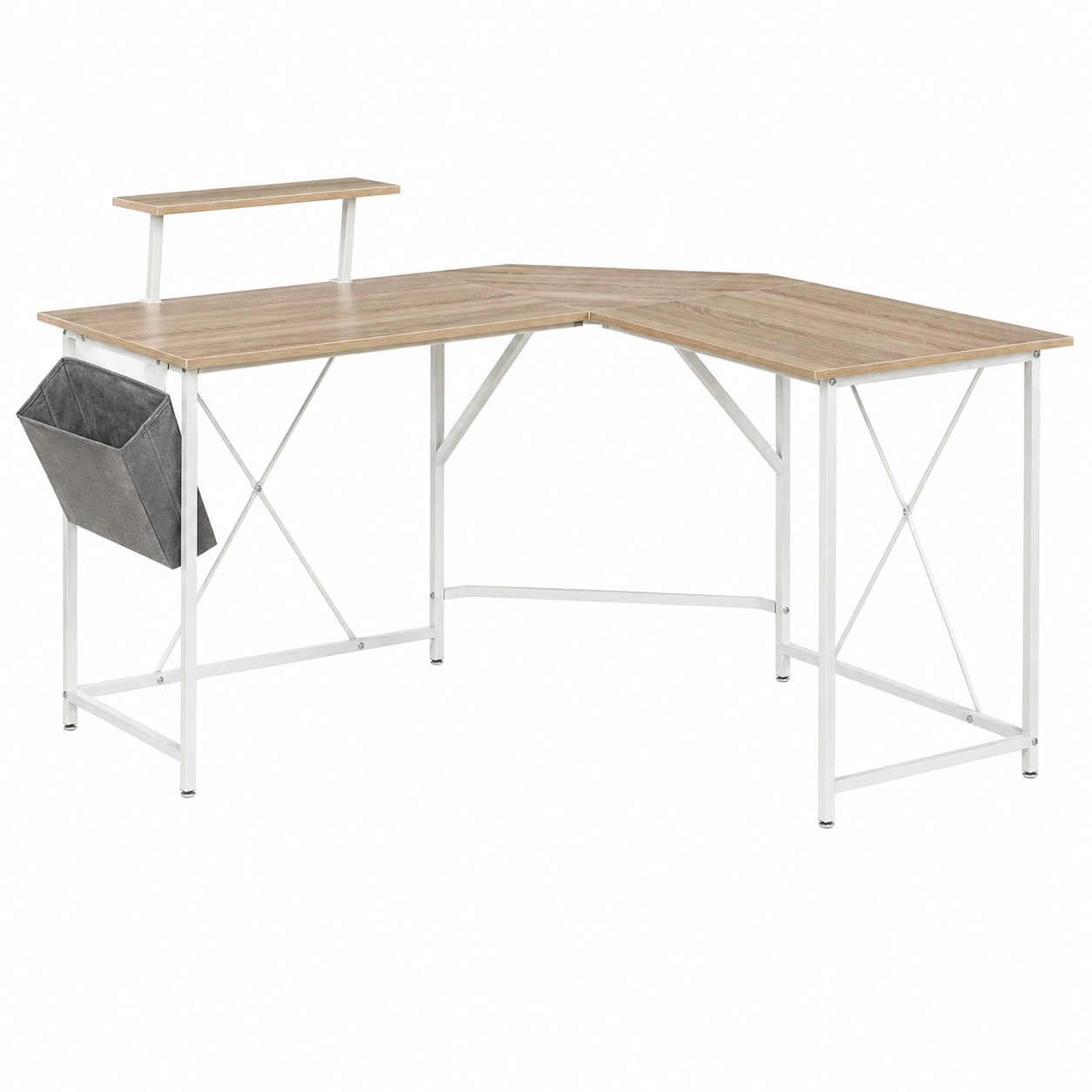 Escritorio esquinero moderno en L con estante elevado y bolsa lateral Blanco madera 180 x 140 cm-cartkivo