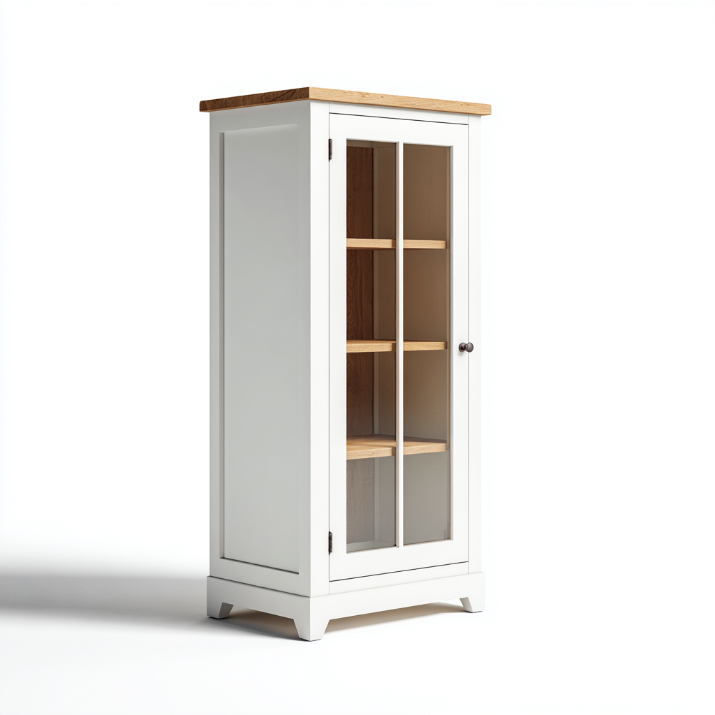 Vitrine en bois avec porte vitrée 60x40x180 cm - Blanc et Bois naturel - Style classique contemporain-Bamboomyden