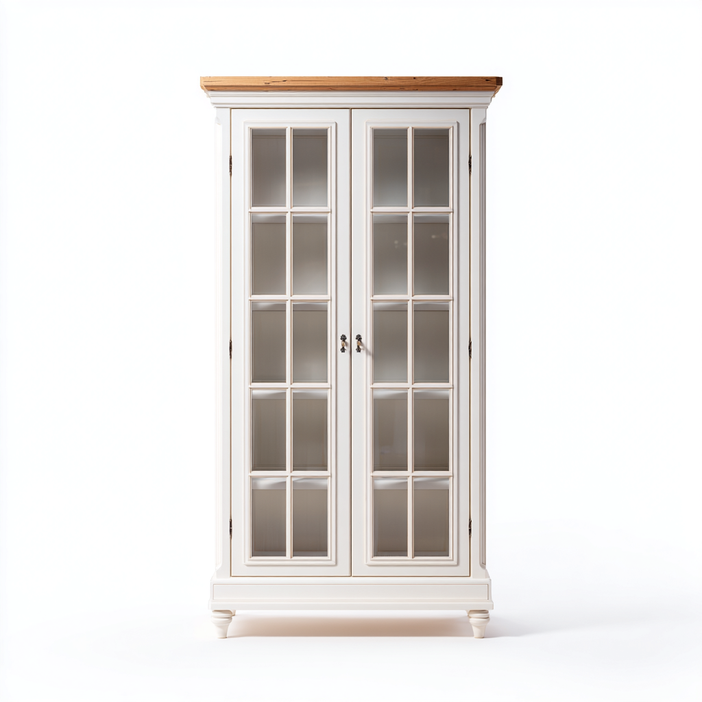 Vitrine 2 portes 90x40x180 cm - finition blanche avec plateau marron - style classique-Bamboomyden