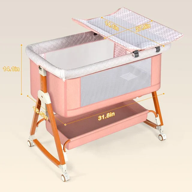 Baby Bassinet Sleeper, 6 Height Adjustable Cribs, Easy to Fold Portable Crib Side Bassinet, Swing Cradle Bed Side Sleeper with Ventilated Net&Wheels