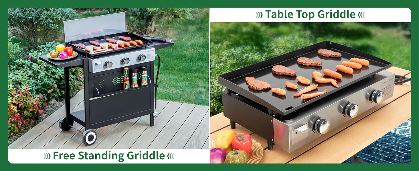 Kitchen Academy 27 Inch Flat Top Grill with Ceramic Coated Cast Iron Pan, 3-Burner Propane Gas, Nonstick Design, Stainless Steel Barbecue Home Food Kitchenware