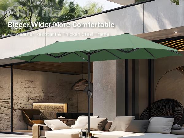 [SummerVibes] PHI VILLA 15 FT Large Outdoor Double-Sided Rectangle Umbrella with LED Lights & Crank Handle, Waterproof, Day & Night Use