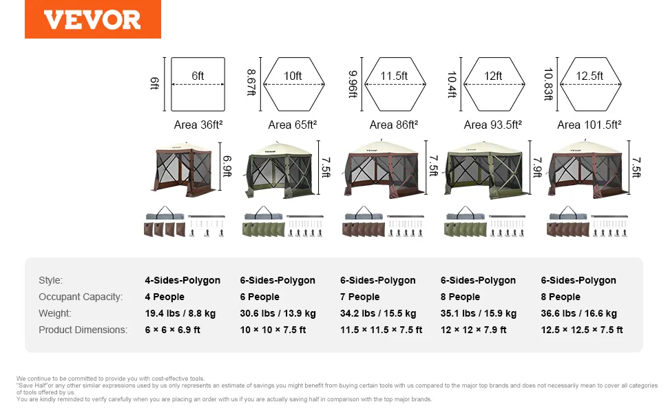 VEVOR pop up gazebo tent size comparison chart, showcasing various styles, dimensions, and capacities.