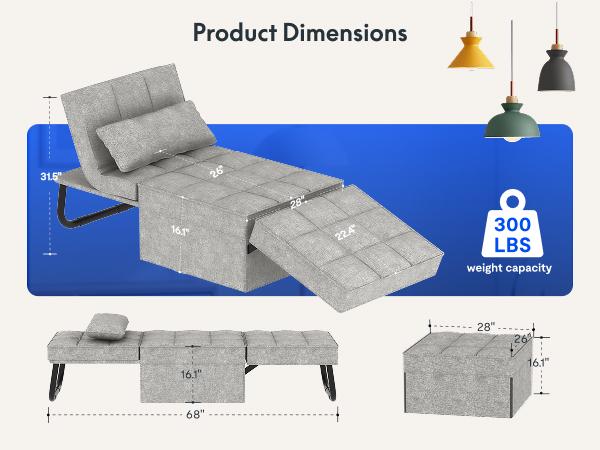 FLEXISPOT Convertible Sleeper Chair Sofa Bed - 5-Level Adjustable Backrest Multi-Function Upholstered Ottoman Futon, Adjustable Upholstered Couch, Furniture for Living Room (Grey, Beds Compatible)