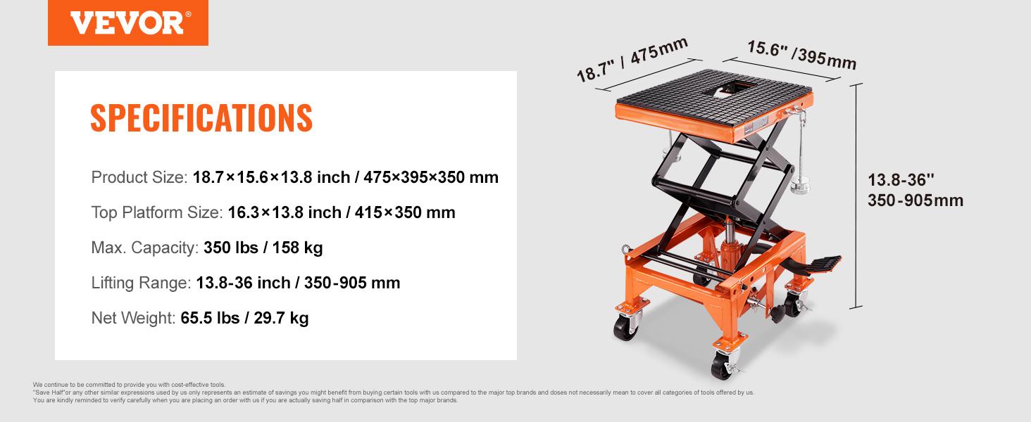 【Summervibes】VEVOR Hydraulic Motorcycle Lift Table, 350 LBS Capacity Motorcycle Scissor Jack Lift with Wide Deck, J-hooks, 4 Wheels, Hydraulic Foot-Operated Jack Stand for ATV Dirt Bikes