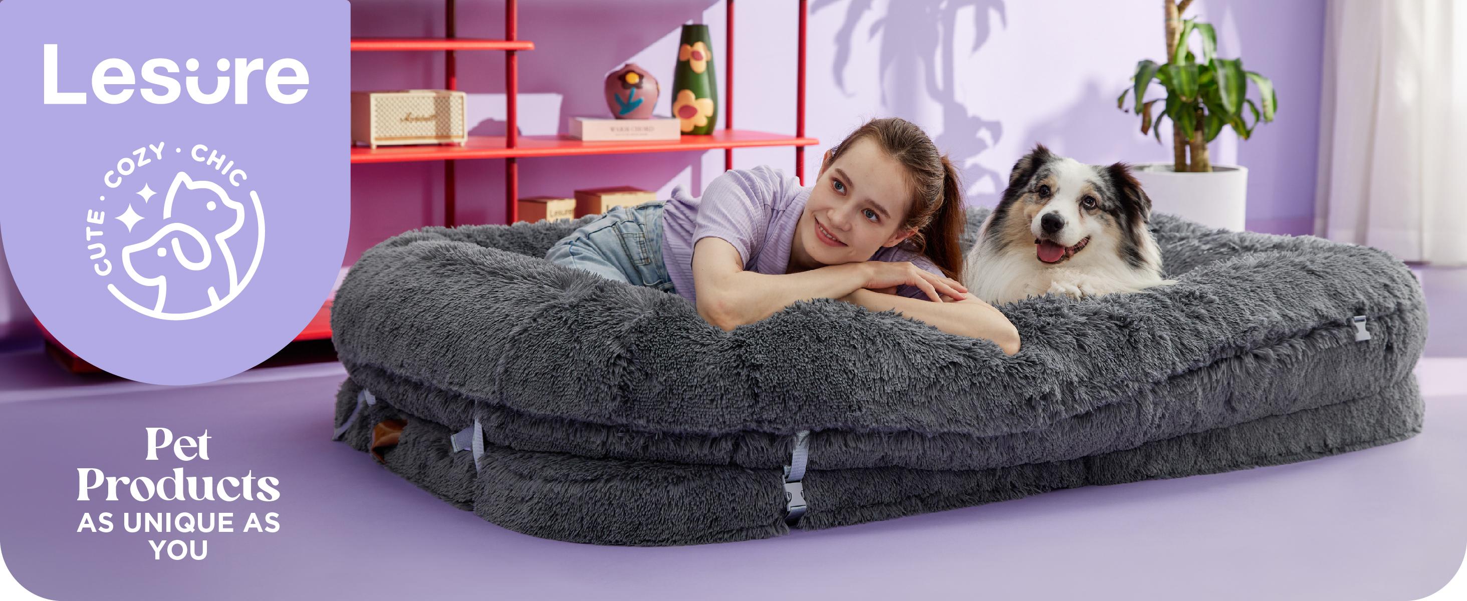 Lesure Luxury Warm Foldable 3-in-1 Flexible Giant Human Dog Bed Cozy Fluffy Faux Fur Lounge Sofa with Supportive Bolster Egg Foam Soft Plush Calming Orthopedic Bed for Comfort Classic Lounge Sofa Options