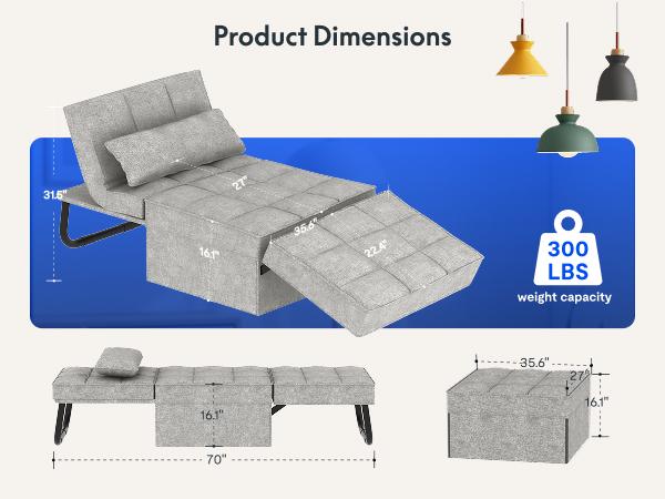 FLEXISPOT Convertible Sleeper Chair Sofa Bed - 5-Level Adjustable Backrest Multi-Function Upholstered Ottoman Futon, Adjustable Upholstered Couch, Furniture for Living Room (Grey, Beds Compatible)