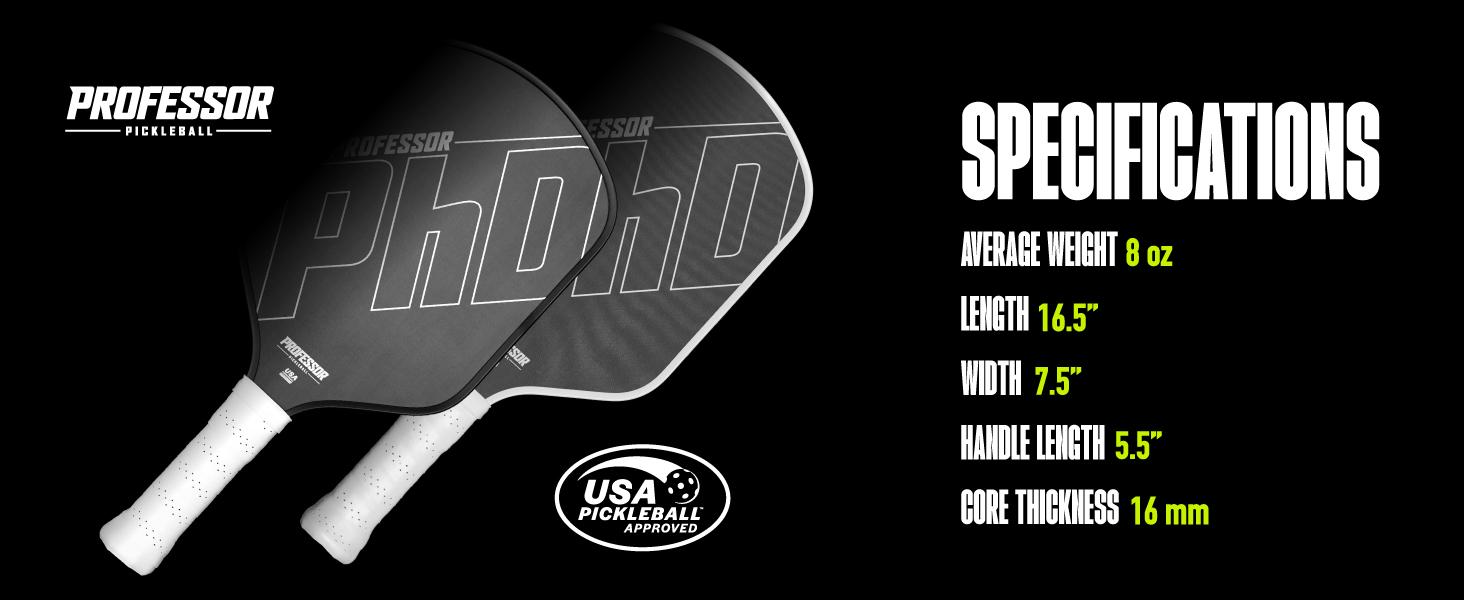 Professor PhD Raw Carbon Fiber Pickleball Paddle - 16MM - USA Pickleball Approved - Honeycomb Core - Power & Control