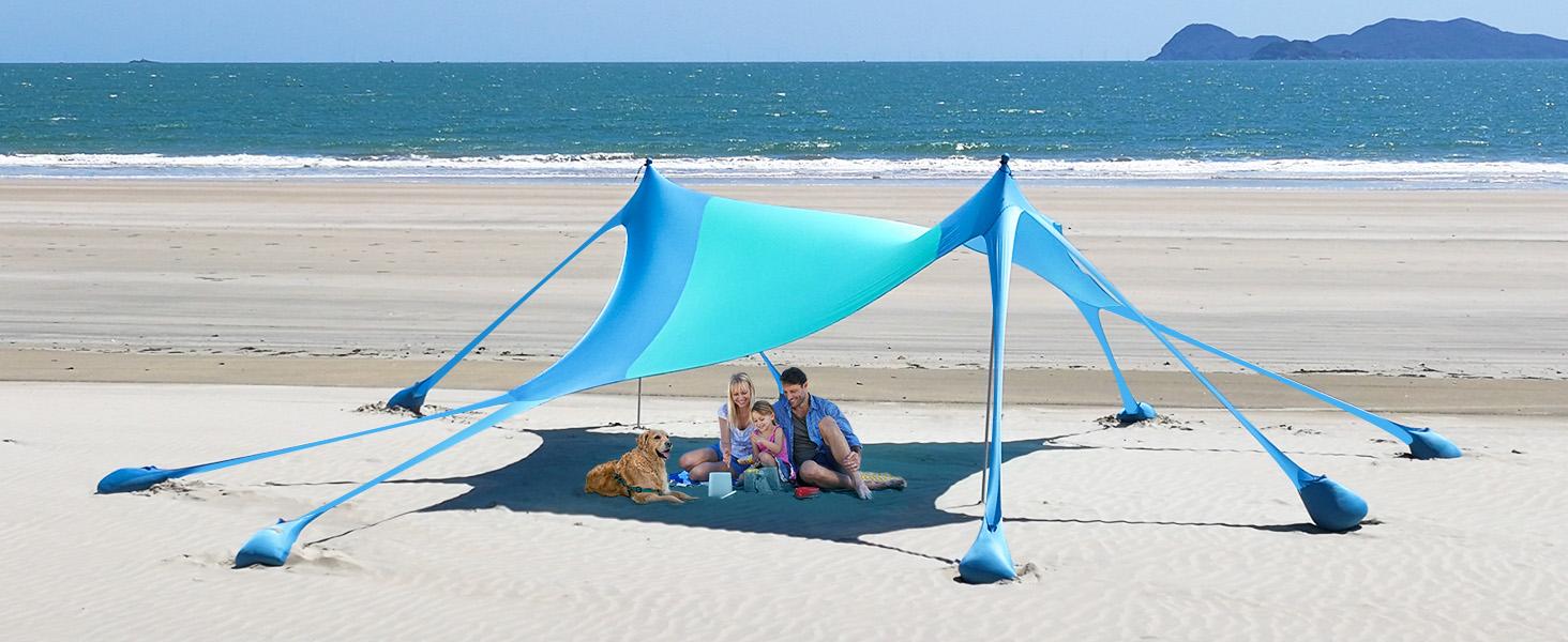 Beach Tent Sun Shelter, Beach Canopy Tent Sun Shade UPF50+ Protection with 8 Sandbags 4 Stability Poles, summer Outdoor Beach Shade Canopy for Beach, Camping, Fishing patio umbrella for family Beach Tent Sun Shelter, Beach Canopy Tent Sun Shade UPF50+ Protection with 8 Sandbags 4 Stability Poles, summer Outdoor Beach Shade Canopy for Beach, Camping, Fishing patio umbrella for family
