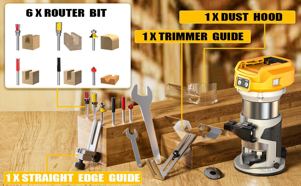 800W Cordless Compact Router for DeWalt 20V Battery, Battery NOT Included, 6 Variable Speeds Router Tool for Woodworking, 30,000 RPM Fixed Base Wood Router with Trim Router Bits, Edge & Roller Guide, Dust Hood