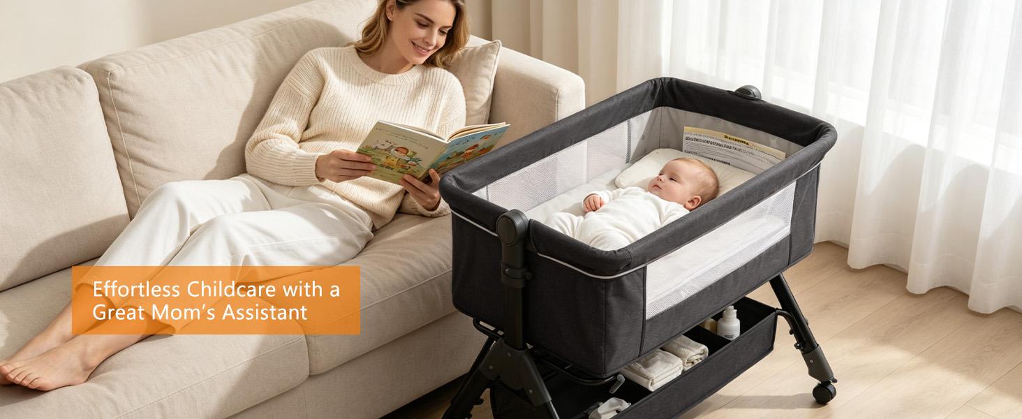 Baby Bassinet,  Crib for Infant and Newborn, Bedside Sleeper with Storage Basket and Mosquito Net, Easy to Fold, Height Adjustable, Portable Side Bed Crib portable Baby Furniture