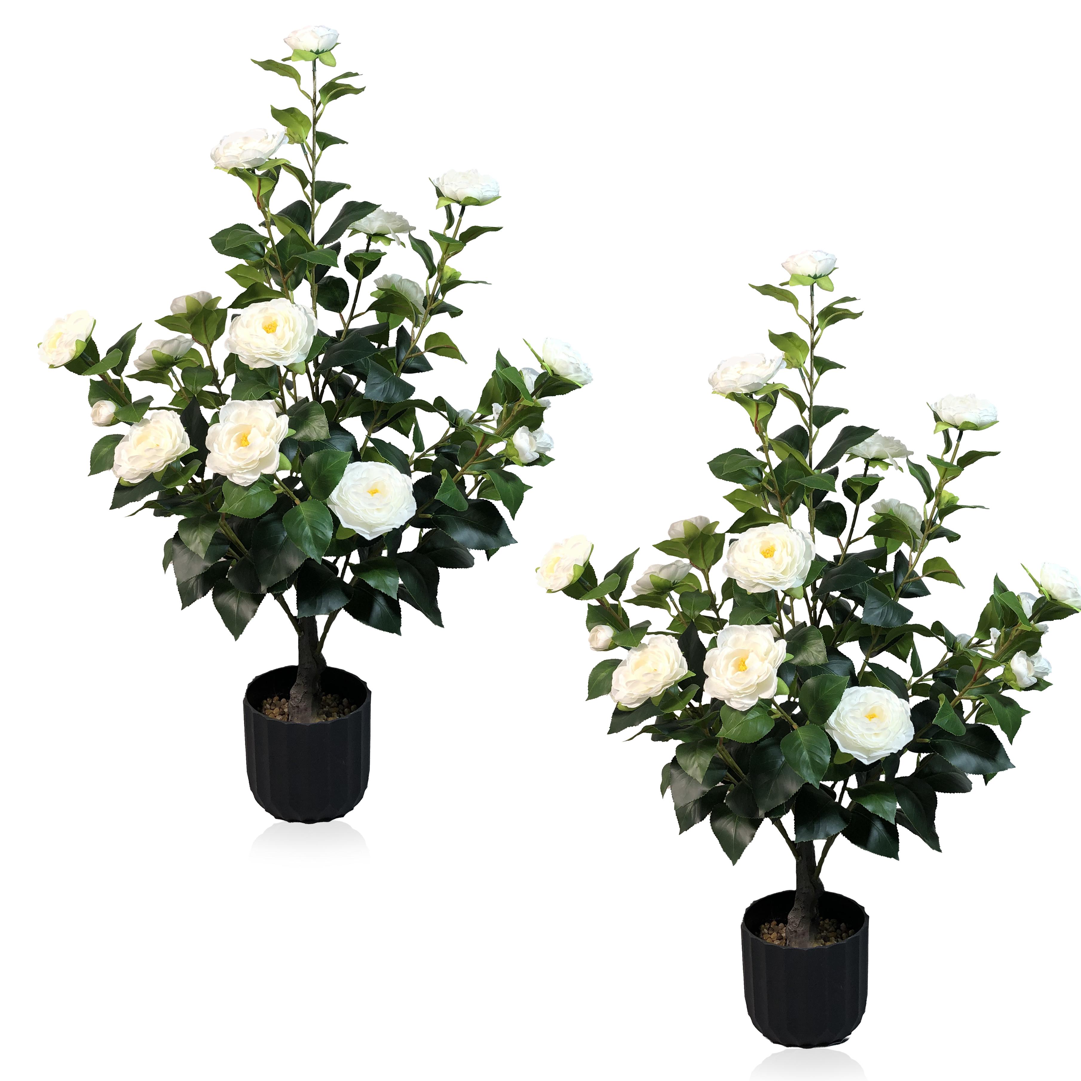 2 Pcs 3-foot Camellia Tree with Decorative Pebbles, Flower Pot, 24 Realistic Flowers, 188 Leaves for Indoor, outdoor courtyard Home Decor summerwins