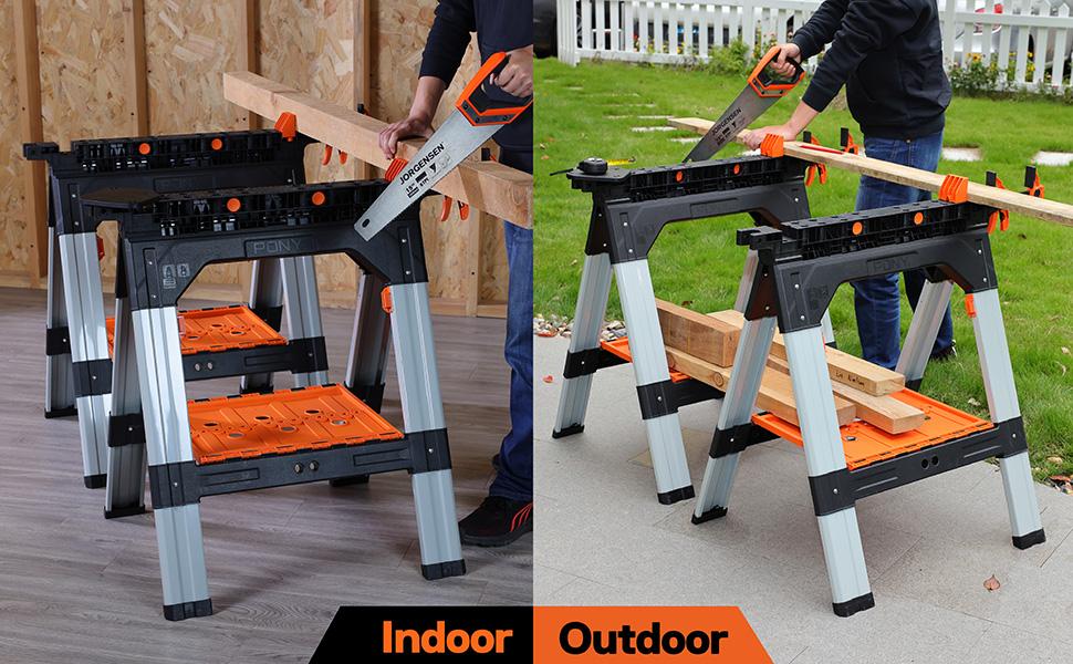 #Summervibes PONY 2-Pack Clamping Sawhorses, 1200 LBS Load Capacity, 30-3/4" Folding Sawhorse with 12&rdquo; F Clamps, Bench Dogs, Angle Clamps, 2" Spring Clamps, Steel Legs, Heavy Duty for Woodworking