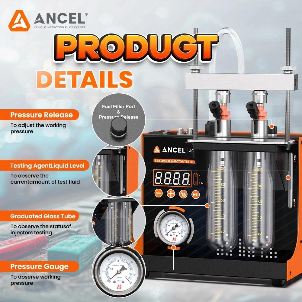 ANCEL JC200 2-Cylinder Fuel Injector Tester & Flow Cleaner Removes Light Surface Deposits During Testing, Adjustable Pressure, Built-in 12V Pump for Cars & Motorcycles