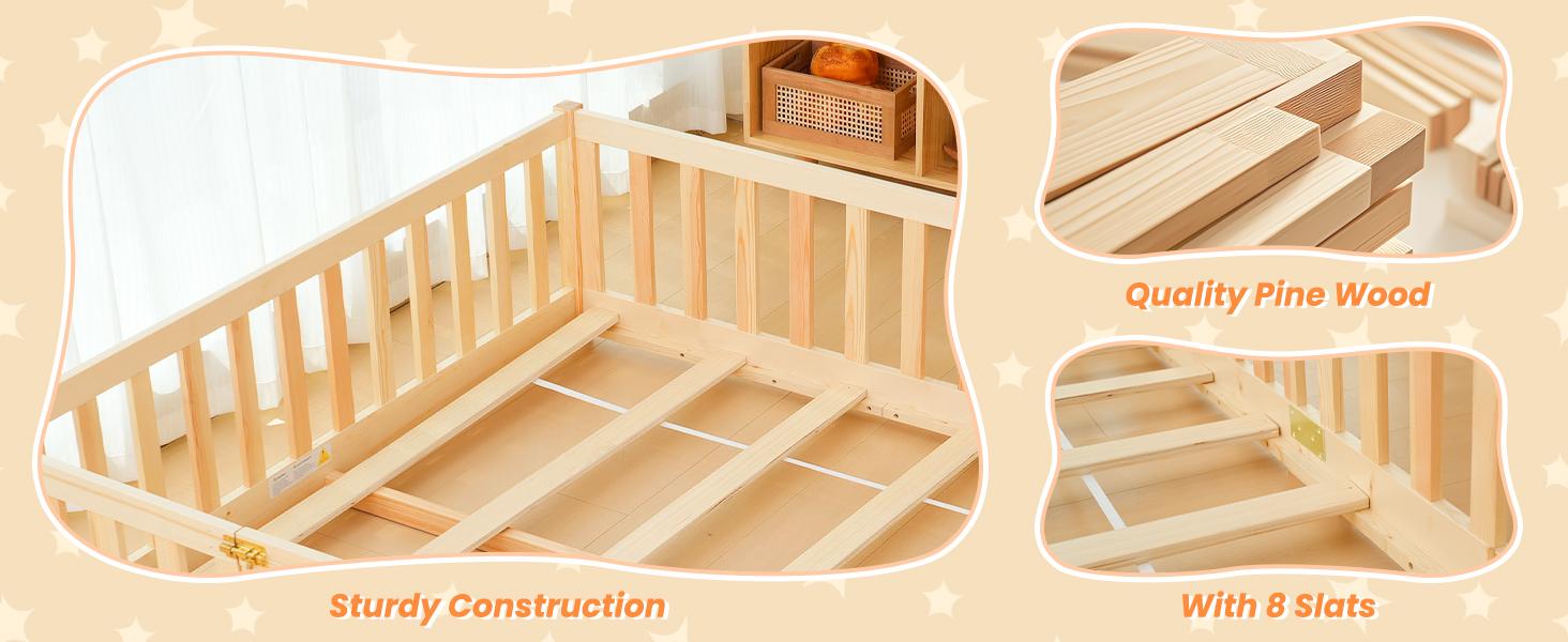 Naudacaa Twin/Full Size Montessori Floor Bed for Kids, Solid Wood Bed Frame with Fence, Door & Safety Guardrails, CPC Certified Naudacaa Twin/Full Size Montessori Floor Bed for Kids, Solid Wood Bed Frame with Fence, Door & Safety Guardrails, CPC Certified
