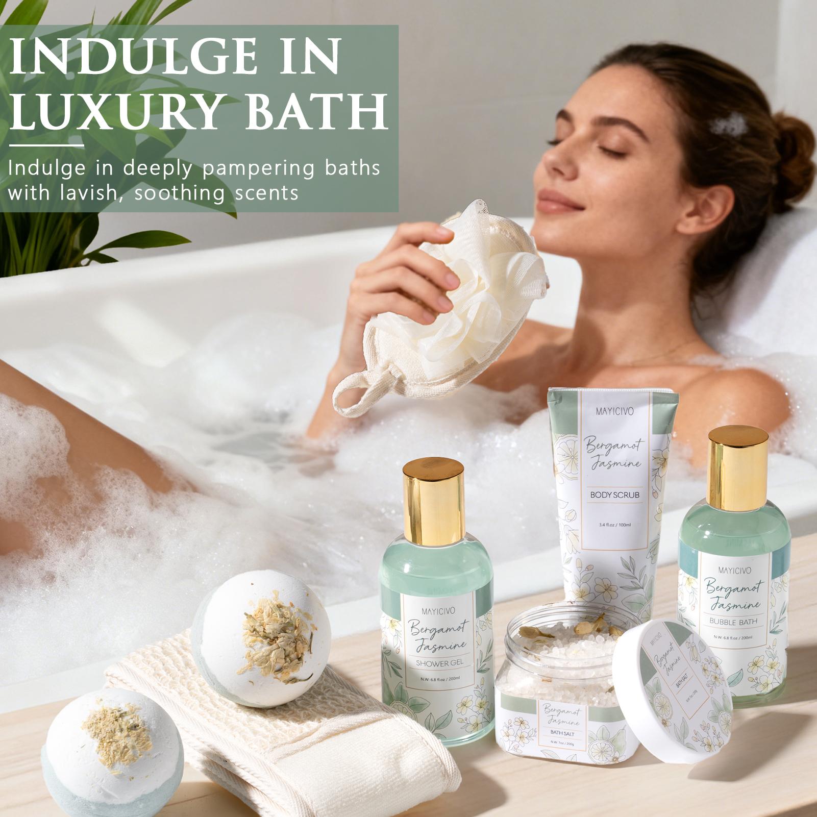 Mayicivo Valentine's Day Gifts for Women, Bergamot Jasmine Relaxing Spa Gift Baskets for Women Self Care Package Bath Gift Set, Home Bath and Body Kit Pampering Gifts for Womens Mom Her Friends Sister Wife