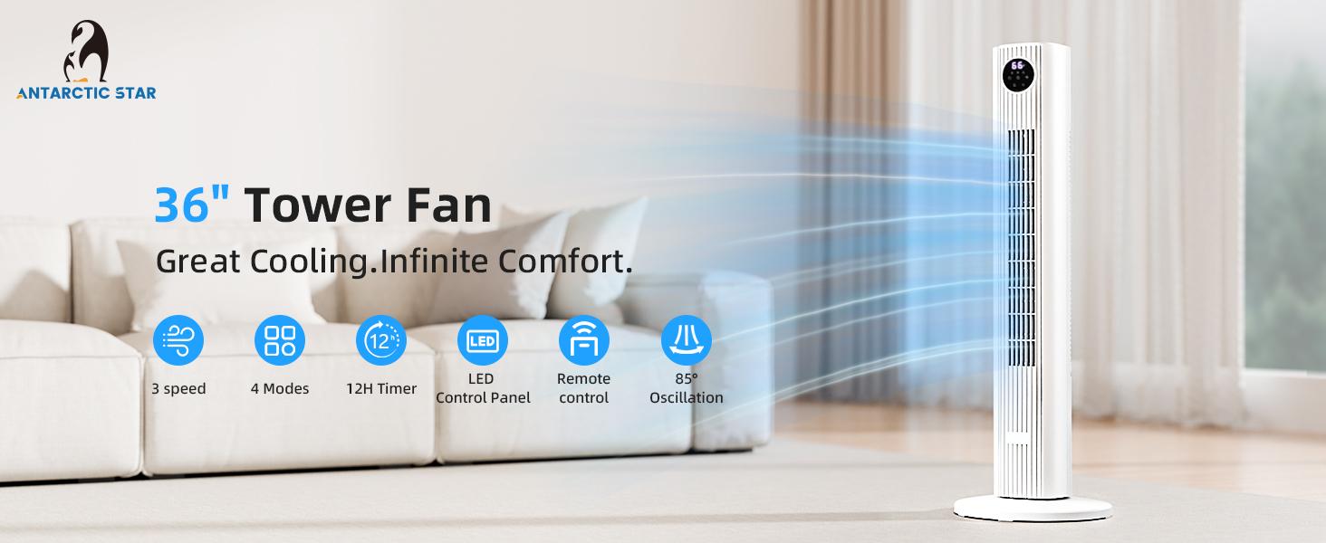 【DealsForYouDays】Antarctic Star Tower Fan Portable Electric 85&deg; Oscillating Fan with Remote Control, Quiet Operation, 3 Speed Settings & 12H Timer, Bladeless Standing Floor Fan for Bedroom & Office