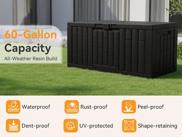 60 Gallon Outdoor Storage Box, Waterproof Resin Deck Box for Patio Cushions & Gardening Tools, Lockable & UV Resistant