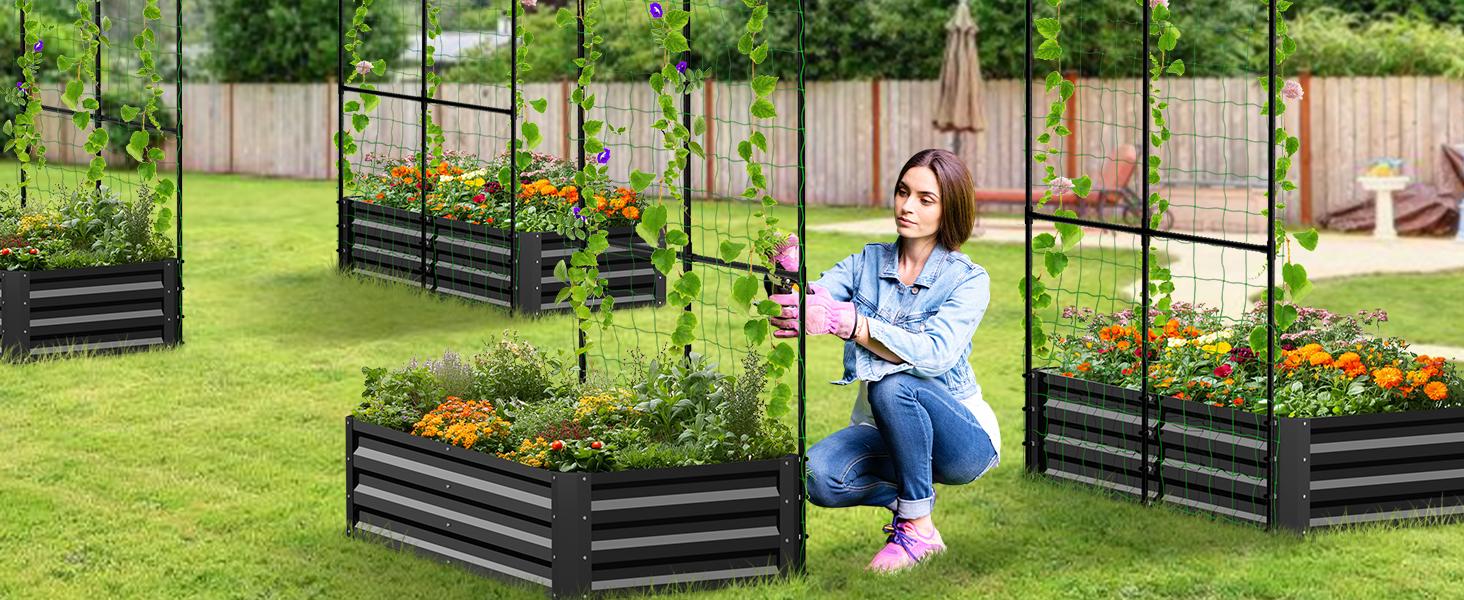 【Summervibes】Lilypelle 3-in-1 DIY Metal Raised Garden Bed with Arch Trellis, Wind-Resistant Heavy Duty Planter Box with Netting, Open Bottom Garden Bed for Climbing Plants Vegetables Flowers 【Summervibes】Lilypelle 3-in-1 DIY Metal Raised Garden Bed with Arch Trellis, Wind-Resistant Heavy Duty Planter Box with Netting, Open Bottom Garden Bed for Climbing Plants Vegetables Flowers