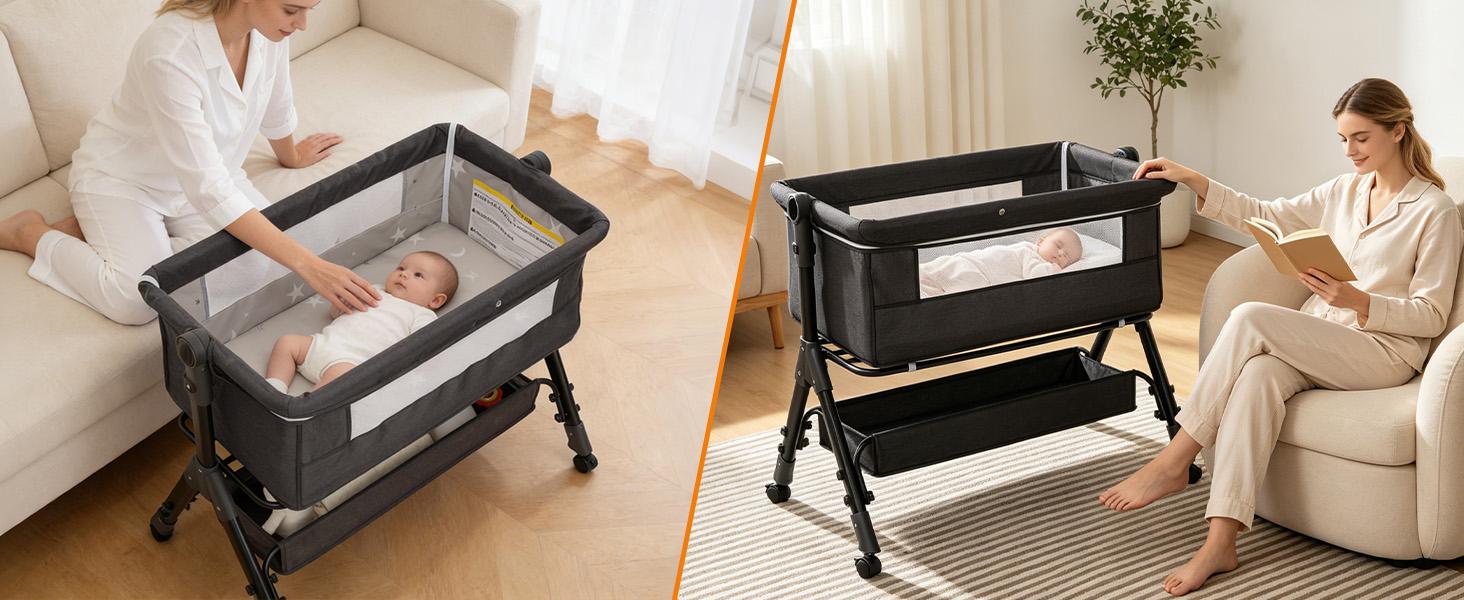 Baby Bassinet,  Crib for Infant and Newborn, Bedside Sleeper with Storage Basket and Mosquito Net, Easy to Fold, Height Adjustable, Portable Side Bed Crib portable Baby Furniture