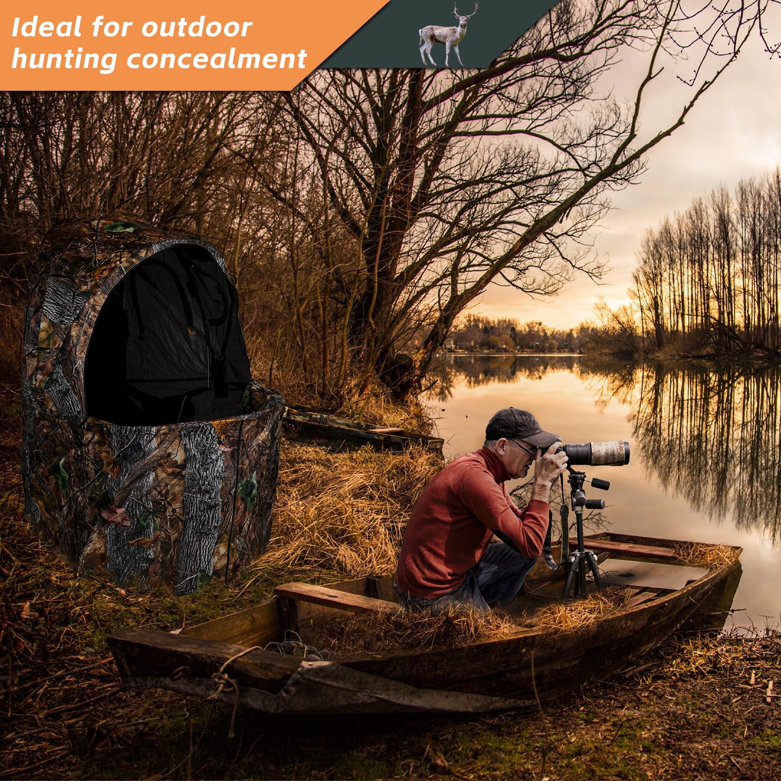 [Amazing Offer]Portable Blind With Chair - Camouflage See-Through Ground Tent with Cup Holder, Lightweight 1-Person Tent for Deer, Duck, and Turkey Hunting Visibility Convenience