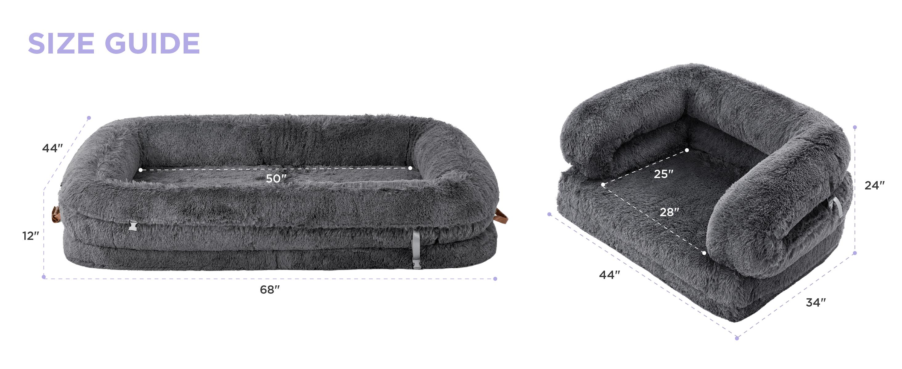 Lesure Luxury Warm Foldable 3-in-1 Flexible Giant Human Dog Bed Cozy Fluffy Faux Fur Lounge Sofa with Supportive Bolster Egg Foam Soft Plush Calming Orthopedic Bed for Comfort Classic Lounge Sofa Options